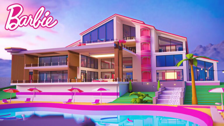An example of a dreamhouse that you can create in Roblox Barbie Dreamhouse Tycoon.