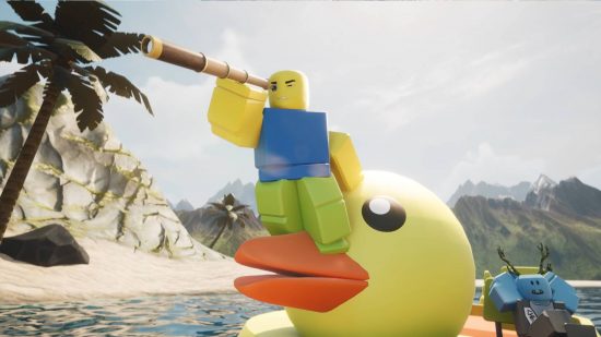 Códigos SharkBite 2: um avatar Roblox fica em um pato de borracha gigante e olha através de um telescópio