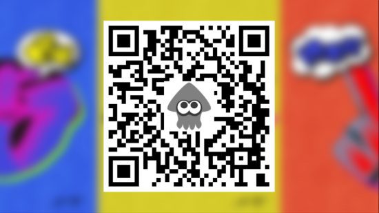 splatoon-3-códigos-0221 Um código QR do Splatoon 3 com uma criatura marinha de desenho animado no meio, na frente de um fundo amarelo, vermelho e rosa desfocado.