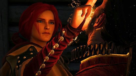 the-witcher-3-triss-1 Triss de The Witcher 3 com um olhar intenso em seu rosto enquanto lança magia em um homem