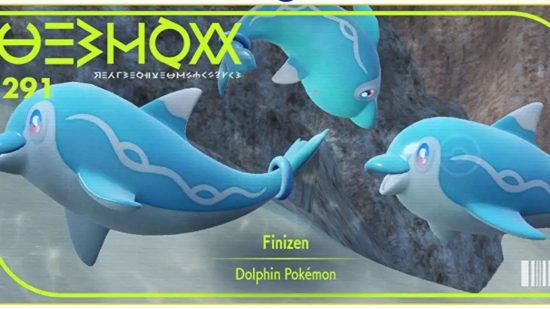Como evoluir Finizen: arte da capa da Pokédex de Finizen mostrando três deles nadando no oceano.