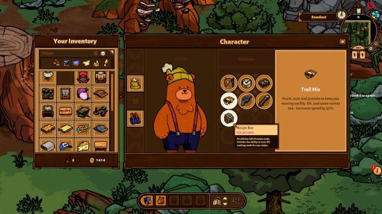 Jogos de urso: uma captura de tela da tela de criação e inventário do personagem de Bear and Breakfast.