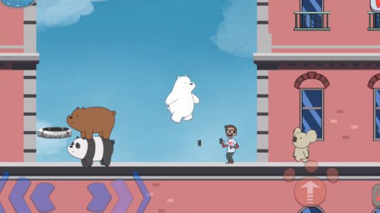 Jogos de urso: uma captura de tela do jogo móvel We Bare Bears mostrando Grizzly em pé em cima de Pandda e Ice Bear pulando em direção a um humano e NomNom, o coala.