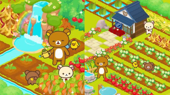 Jogos de urso: Duas capturas de tela da Fazenda Rilakkuma mostrando os diferentes lotes e decorações da fazenda.