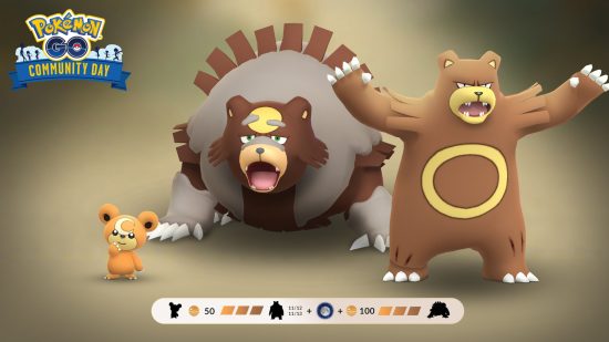 pokémon go ursaluna 3 Pokemon Go Ursaluna: Arte oficial da linha de evolução Teddiursa em Pokemon Go, mostrando como evoluir Teddiursa para Ursaring e Ursaring para Ursaluna.