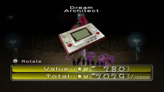 pikmin 1+2 revisão 3 Revisão do Pikmin 1+2: A tela de avaliação mostrando um Game + Watch rotulado como 'Dream Architect', fornecendo 280 moedas e elevando o total para 2029