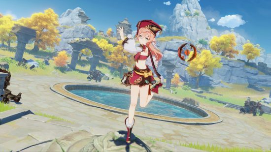 genshin-impacto-yanfei-1 Genshin Impact Yanfei equilibrando-se em um pé com os braços estendidos