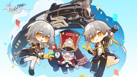honkai-estrela-papel de parede-chibi Papel de parede Honkai Star Rail dos Trailblazers em forma chibi na frente do Astral Express com Pom-Pom