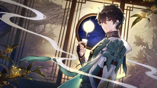 honkai-estrela-papel de parede-dan-heng Honkai Star Rail Dan Heng segurando um copo e olhando por cima do ombro