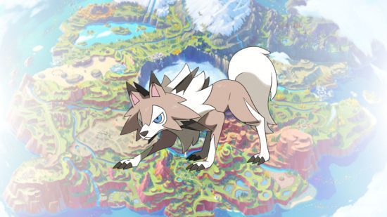 rockruff-evolução-lycanroc-meio-dia Evolução Rockruff - forma do meio-dia de Lycanroc na frente de um mapa de Paldea