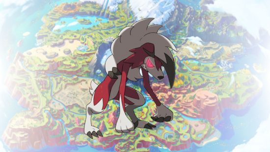 rockruff-evolução-lycanroc-meia-noite Evolução de Rockruff - a forma da meia-noite de Lycanroc na frente de um mapa de Paldea