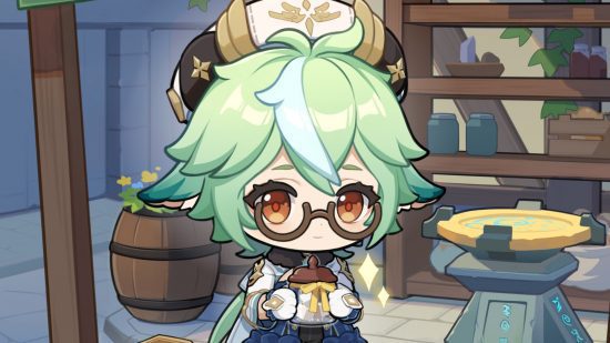 sacarose de impacto genshin 2 Um chibi de Genshin Impact Sacarose segurando uma jarra de açúcar na mesa de alquimia de Mondstadt.
