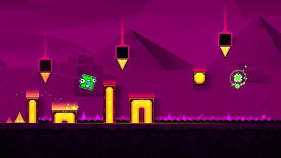 traço de geometria abaixo de zero 3 Geometry Dash SubZero: Um nível rosa e amarelo com um cubo verde gritante