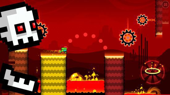 traço de geometria abaixo de zero 4 Geometry Dash SubZero: Uma captura de tela do nível Press Start, com um fundo de nível em tons de vermelho e uma caveira gigante perseguindo o jogador.