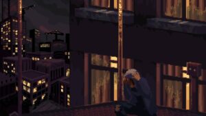 A character stands crouched holding their head on a roof next to a large building