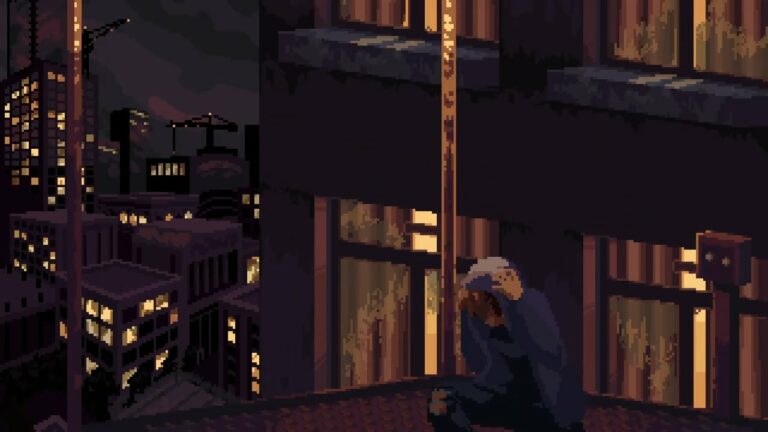 A character stands crouched holding their head on a roof next to a large building
