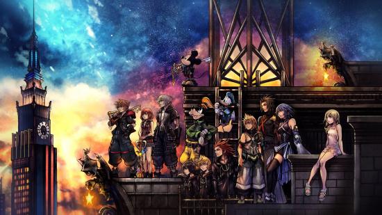 Papel de parede Kingdom-hearts-III Grupo de personagens de Kingdom Hearts 3 em um telhado