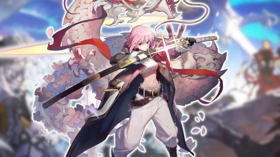 lista de níveis de estrelas de alquimia 3 Lista de camadas do Alchemy Stars: a arte inicial de Hiiro delineada em branco e colada em um papel de parede desfocado do Alchemy Stars.