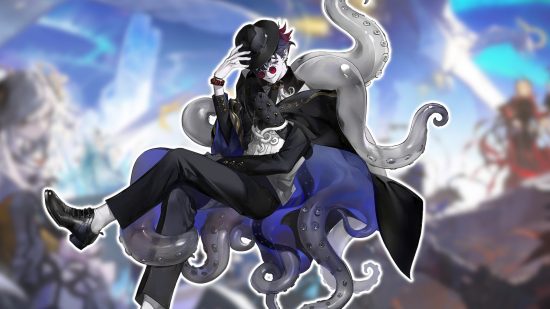 lista de níveis de estrelas de alquimia 5 Lista de camadas do Alchemy Stars: Splash art de Kleken delineado em branco e colado em um papel de parede desfocado do Alchemy Stars.