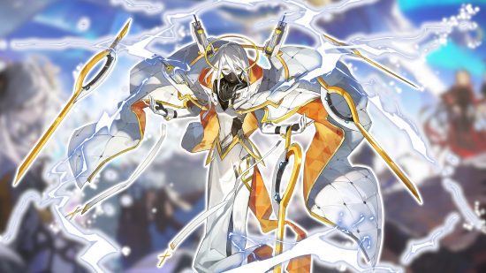 lista de camadas de estrelas de alquimia 4 Lista de camadas do Alchemy Stars: a arte inicial de Michael delineada em branco e colada em um papel de parede desfocado do Alchemy Stars.