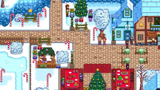 Indo para o festival de inverno com neve no chão para revisão do Stardew Valley Switch