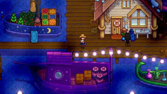 Passando pelo barco roxo no mercado noturno para revisão do Stardew Valley Switch