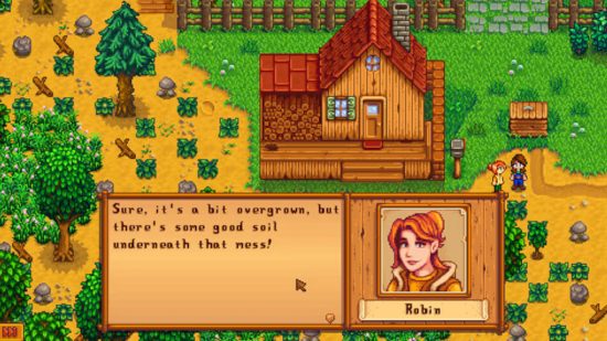 Conhecendo Robin pela primeira vez na fazenda para a revisão do Stardew Valley Switch