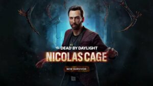 The Nicolas Cage character model in Dead by Daylight, with company's logo and his name appearing below him as well as the text "New Survivor"