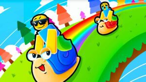 Two Roblox characters racing on snails, where one is wearing sunglasses and the other is crying.