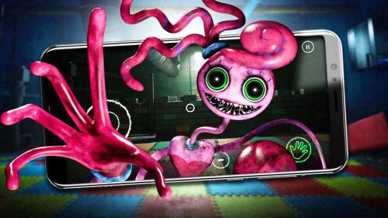 Mommy Long Legs de Poppy Playtime saindo de um telefone