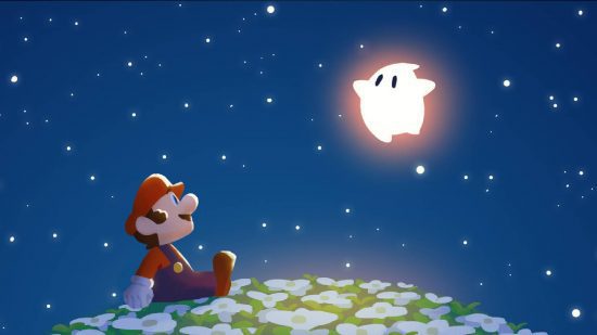 papéis de parede mario (5) Papéis de parede de Mario: uma ilustração mostra Mario sentado em um planeta no espaço, sentado ao lado de uma Luma de Super Mario Galaxy