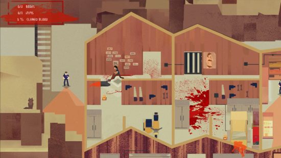 Um nível em jogos de limpeza Serial Cleaner com personagens correndo