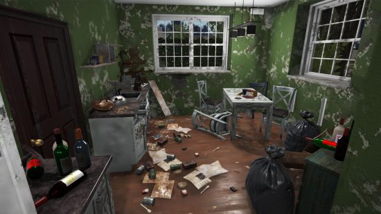 jogos de limpeza House Flipper: uma cozinha nojenta com lixo por toda parte