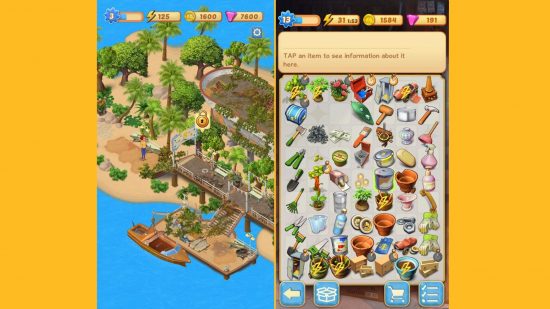 Duas capturas de tela dos jogos de limpeza Merge Mansion mostrando uma área nivelada e como mesclar itens