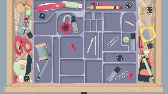 jogos de limpeza A Little to the Left: uma gaveta cheia de compartimentos e itens
