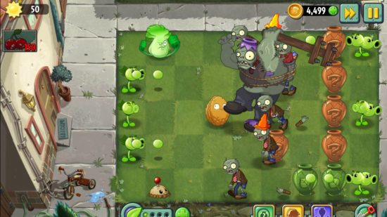 uma batalha entre plantas e zumbis nos jogos Plants Vs Zombies 2
