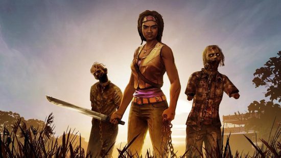 Jogos de The Walking Dead Michonne Jogos de The Walking Dead Michonne flanqueada por dois zumbis sem braços