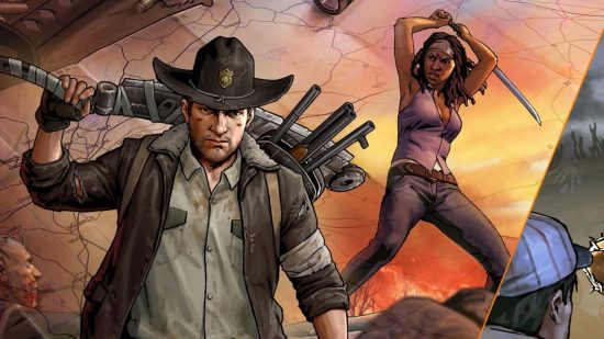 Jogos de The Walking Dead Road to Survival Jogos de The Walking Dead Road to Survival: Rick Grimes e Michonne em posição de luta