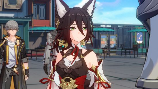 honkai-star-rail-tingyun-6 Honkai Star Rail Tingyun conversando com um Cloud Knight enquanto Welt e o Trailblazer assistem atrás dela