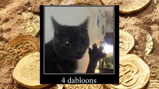 O meme do gato dos 4 dabloons com um gato preto segurando sua pata estendida e a legenda '4 dabloons' abaixo
