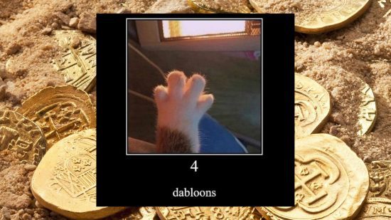O meme original do gato dabloon, mostrando a pata de um gatinho com os dedos estendidos e a legenda '4 dabloons' abaixo