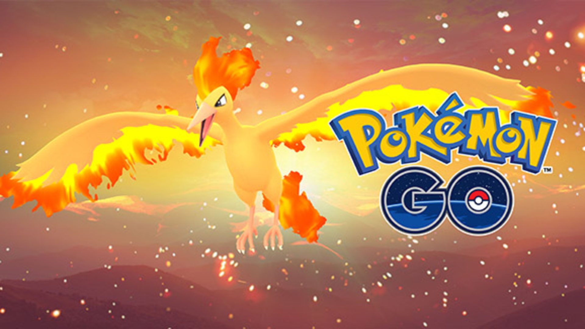 Os Moltres de Pokemon Go voando cercados por fogo ao lado do logotipo do jogo