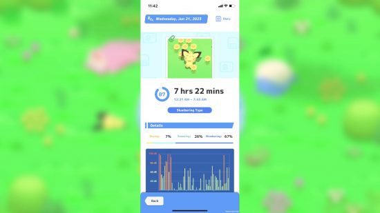 Revisão do Pokémon Sleep: um menu mostra um padrão de sono gravado e um Pichu