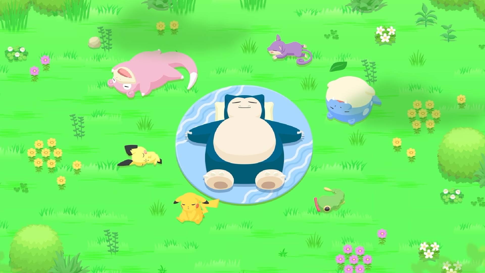 Revisão do Pokémon Sleep: a arte principal mostra Snorlax dormindo cercado por Pokémon sonolentos