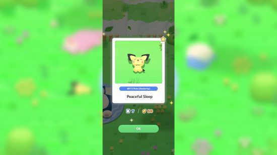Revisão do Pokémon Sleep: uma captura de tela mostra um Pichu dormindo
