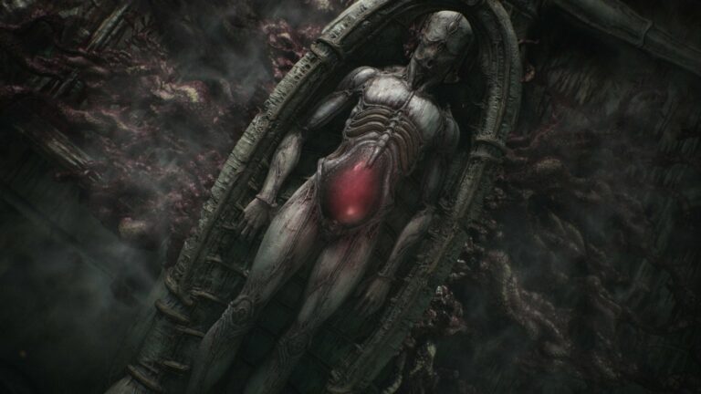 An alien or mummy lies in an open oval-shaped crypt.