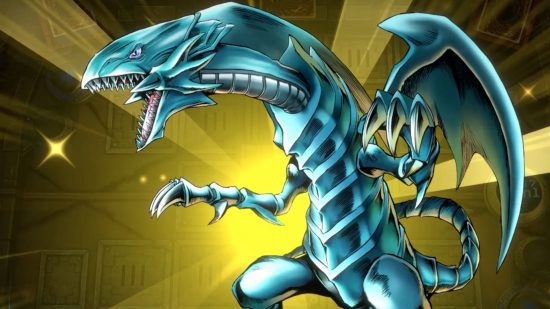 dragão-jogos-mestre-duelo Captura de tela da animação de convocação do Dragão Branco de Olhos Azuis para a lista dos melhores jogos de dragão no Switch e em dispositivos móveis