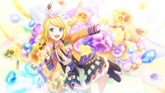 cartas do projeto sekai 2 Cartões do Projeto Sekai: Kagamine Rin em sua roupa de aniversário.