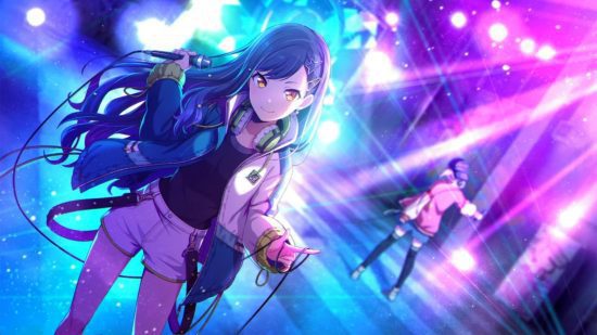 projeto sekai an 1 Personagens do Projeto Sekai: Uma de pé no palco em sua roupa VBS segurando um microfone, iluminada por uma luz azul por trás.
