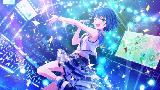 projeto sekai haruka 1 Personagens do Projeto Sekai: Haruka em seu uniforme MMJ cantando no palco. Este é um mar de bastões de luz azuis na platéia atrás dela.